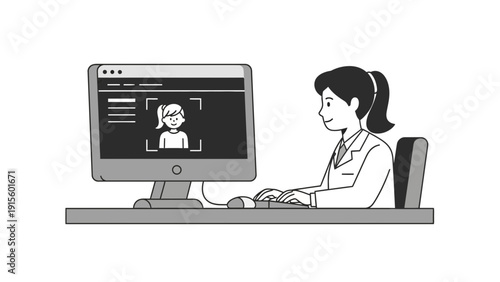 Woman working on computer with video call on screen in office environment from side view