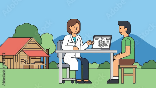 Doctor explaining medical x-ray results to patient outdoors near a wooden cabin