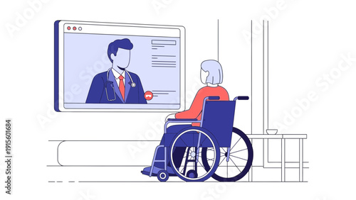 Elderly woman in wheelchair watching video call with professional man on computer screen in a modern office setting from behind