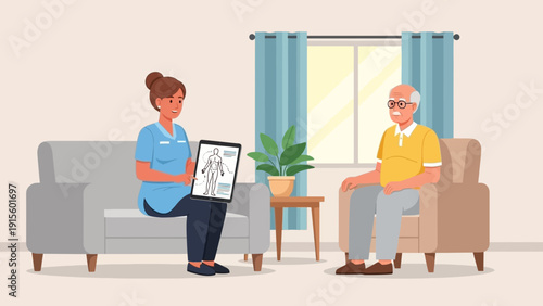 Illustration of doctor explaining X-ray results to senior patient in living room setting from a front viewpoint
