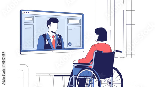 A woman in a wheelchair views a video call with a man on a computer screen in a modern office