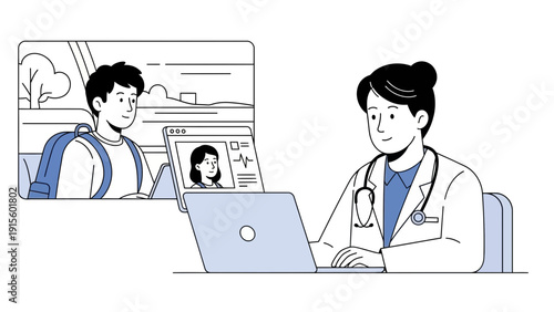 Doctor consulting patient remotely on laptop in office setting from close-up viewpoint