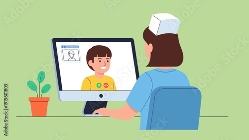 Healthcare professional working remotely on a computer with a patient on the screen in a serene environment viewed from behind