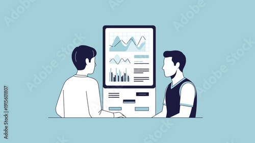 Two men analyzing data on a large computer screen in a collaborative work environment from a rear viewpoint