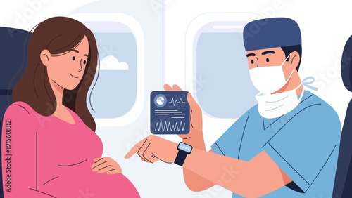 Pregnant woman receiving medical care from a doctor on an airplane during flight