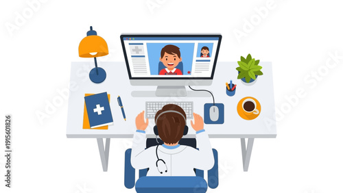 A doctor is having a video consultation with a patient on a computer at a desk in a clinical setting from a top-down view
