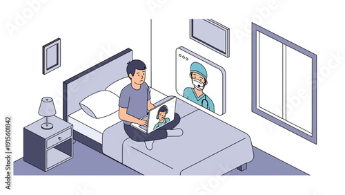 Man sitting on hospital bed with laptop and baby, doctor visible on screen in a clinical setting viewed from an angled perspective