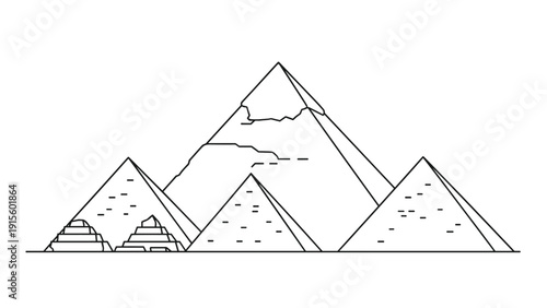 Simple black and white line art illustration of the great pyramids of giza in egypt, representing ancient history and world landmarks.