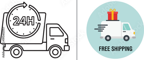 Two delivery truck icons: one outline style with a "24H" clock for round-the-clock service, and a circular badge featuring a gift box and "FREE SHIPPING" text.