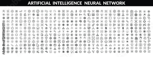 Artificial intelligence icon set featuring AI brain, robot, neural network, machine learning, automation, data processing, technology symbols for apps, dashboards, infographics, websites