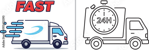 Two delivery truck vectors: one colored with "FAST" text and speed lines, the other a line-art style featuring a 24H stopwatch to represent round-the-clock shipping services.