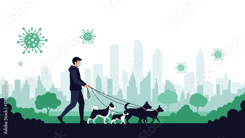 Man wearing a protective face mask while walking several dogs in a city park with floating virus icons representing pandemic safety measures.