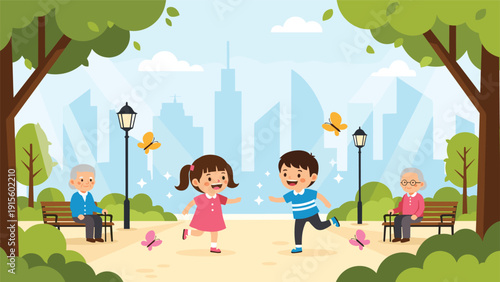 Happy boy and girl running and playing with butterflies in a sunny city park with elders relaxing on benches in the background.