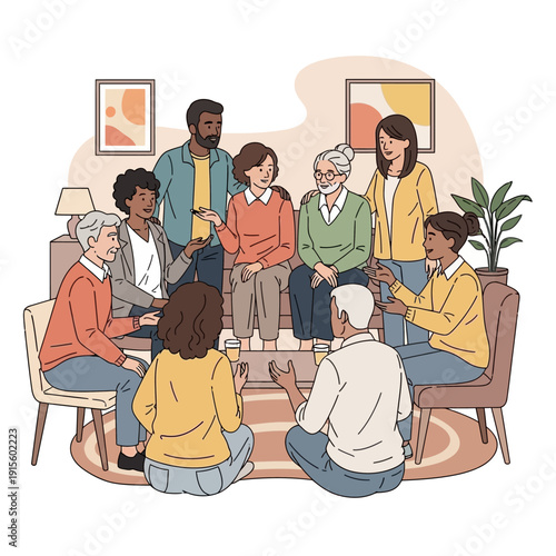 Diverse group of people sitting in a circle, engaging in a discussion or support group.