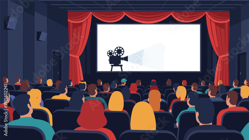Large group of people sitting in a dark theater watching a film projected on a large screen, enjoying a cinema entertainment experience.