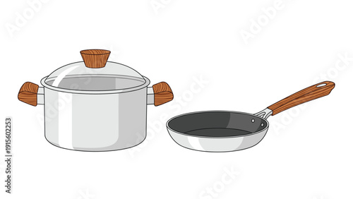 High quality stainless steel cooking pot with a glass lid and a matching frying pan featuring wooden handles for kitchen culinary use.