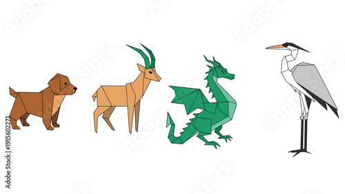 Set of paper folded origami figures including a dog, antelope, dragon, and heron, showcasing creative paper art and craft techniques.