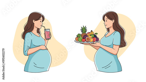 Comparison showing a pregnant woman drinking a healthy smoothie and holding a platter of fresh fruits to promote prenatal nutrition and care.