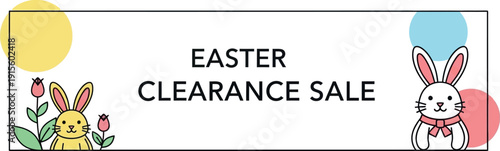 Adorable minimalist banner design promoting a special seasonal event advertising an easter clearance sale featuring cute bunnies and springtime tulips decorations