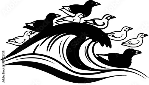 Flock of seabirds in various poses riding a cresting wave