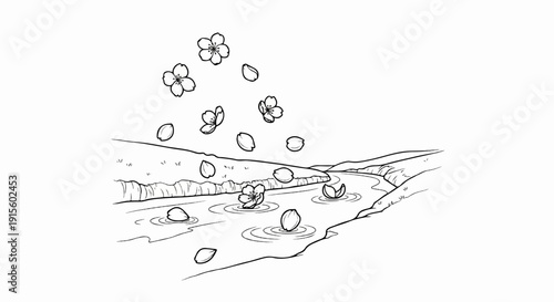 Flowers falling onto a gentle river amidst rolling hills in a sketch
