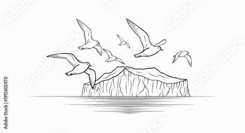 Hand-drawn sketch of seabirds soaring above a rugged iceberg