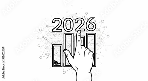 Hand interacts with bars representing year 2026, abstract digital network