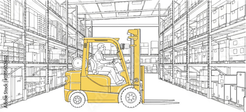 Forklift operator working in a warehouse filled with stacked boxes on shelves