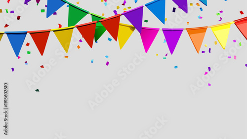 Colorful triangular pennant flags floating against a white sky backdrop with confetti
