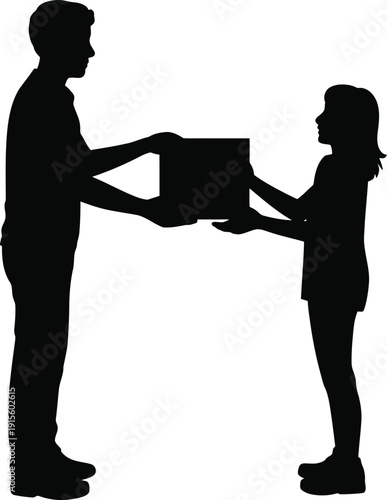 Two individuals exchanging a gift box in a thoughtful gesture of giving