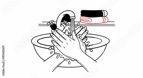 Hands being washed under a faucet with soap suds in a sink, towels stacked