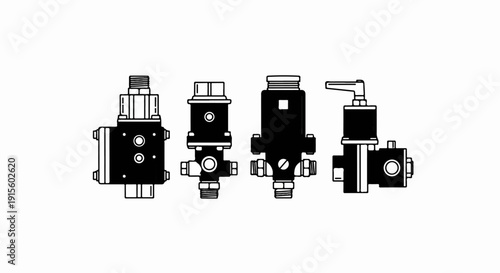 Four black and white line drawings of industrial valves with threaded connections