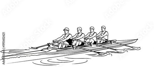 Four athletes in a racing shell row in unison across the water