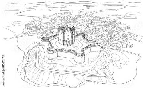 Fortified medieval town with central keep on hill, surrounded by outer walls and village