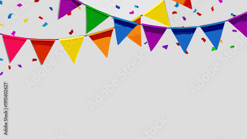Colorful triangular bunting flags with festive confetti background