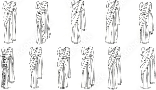Line drawings of women wearing traditional draped garments