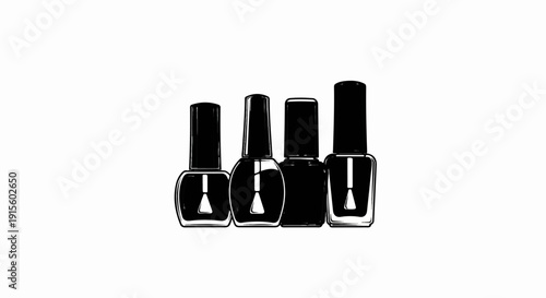 Four black nail polish bottles with brushes are displayed in a row
