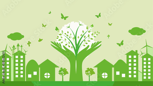 A vibrant illustration of sustainable urban living with greenery and eco-friendly buildings.