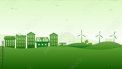 Sustainable eco-town with renewable energy sources and green landscape
