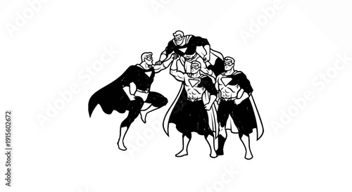 Four caped figures in superhero costumes, one in front, three in back