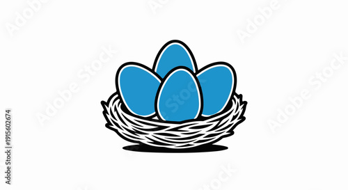 Four bright blue eggs rest in a simple nest on a white background