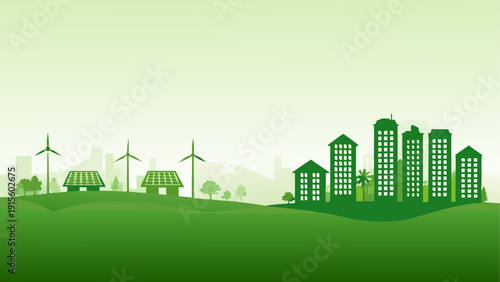 A serene landscape featuring modern industrial facilities amidst lush greenery and clear skies