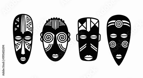 Four decorative black and white masks in a row