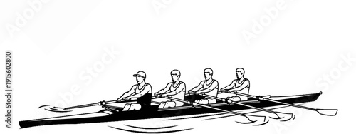 Four people rowing in unison in a long, sleek boat on the water