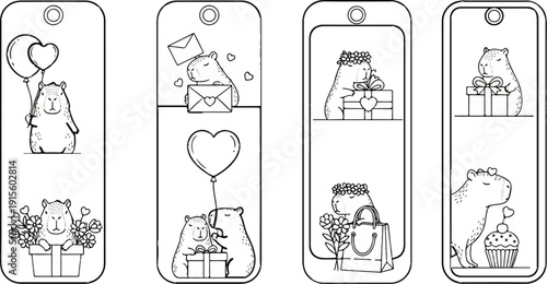 Four playful animal bookmarks with gifts, balloons, and flowers