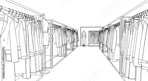 Lined illustration of a clothing store with racks of coats and a mannequin