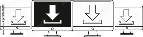 Four screens, one dark, all showing a download symbol