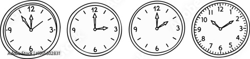 Four simple clocks showing different times of day
