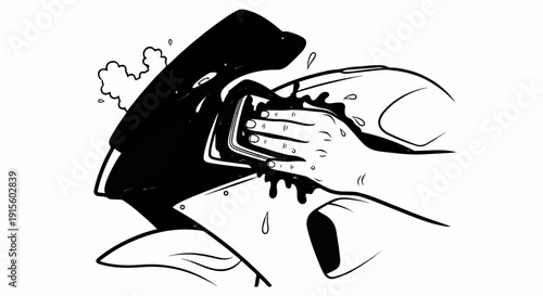 Hand polishing a motorcycle's glossy black windshield, water droplets splash