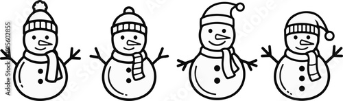 Four stylized snowman figures in a row, each wearing a hat and scarf